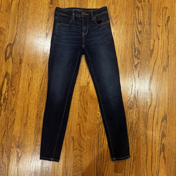 American Eagle Junior Size 0 Jegging Next Level Stretch Dark Blue Jeans Whiskers - Picture 1 of 11